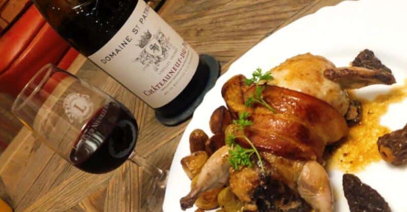 vin rouge Chateauneuf du Pape Saint Patrice cailles farcies aux morilles